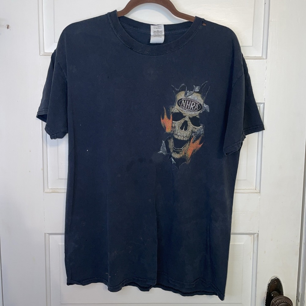 Distressed NHRA Drag Racing Black T-shirt Skull Flames Nitro | Grunge Core Large